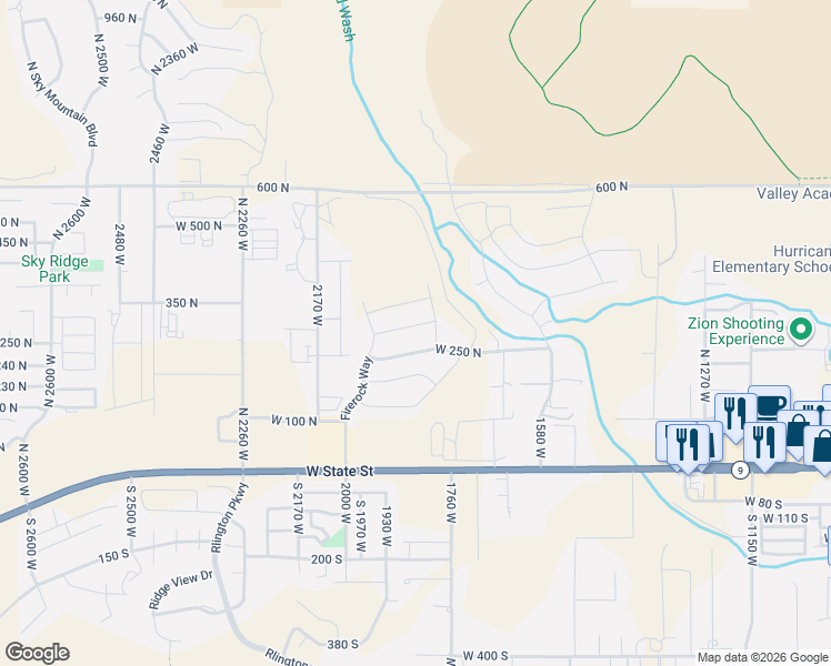 map of restaurants, bars, coffee shops, grocery stores, and more near 1861 West 300 North in Hurricane
