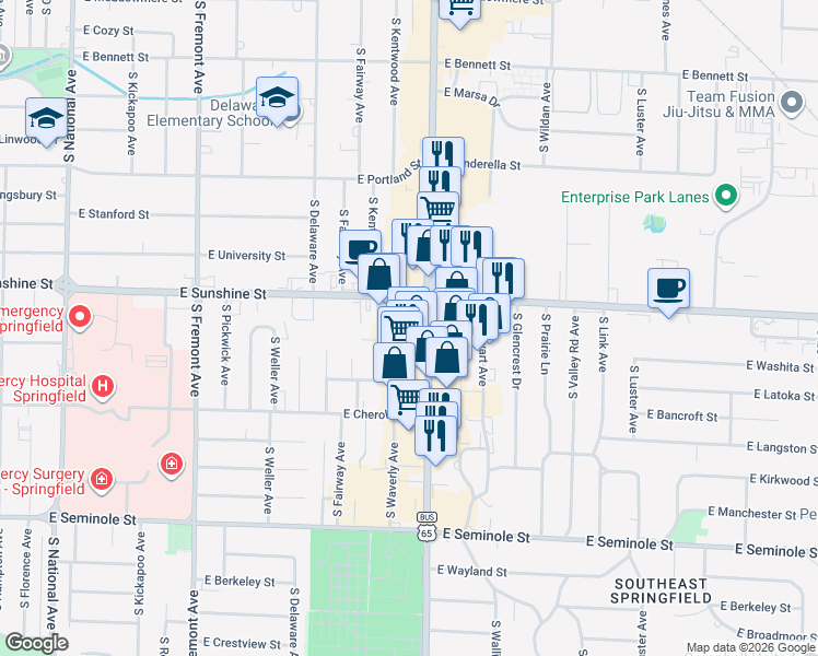 map of restaurants, bars, coffee shops, grocery stores, and more near 1736 East Sunshine Street in Springfield