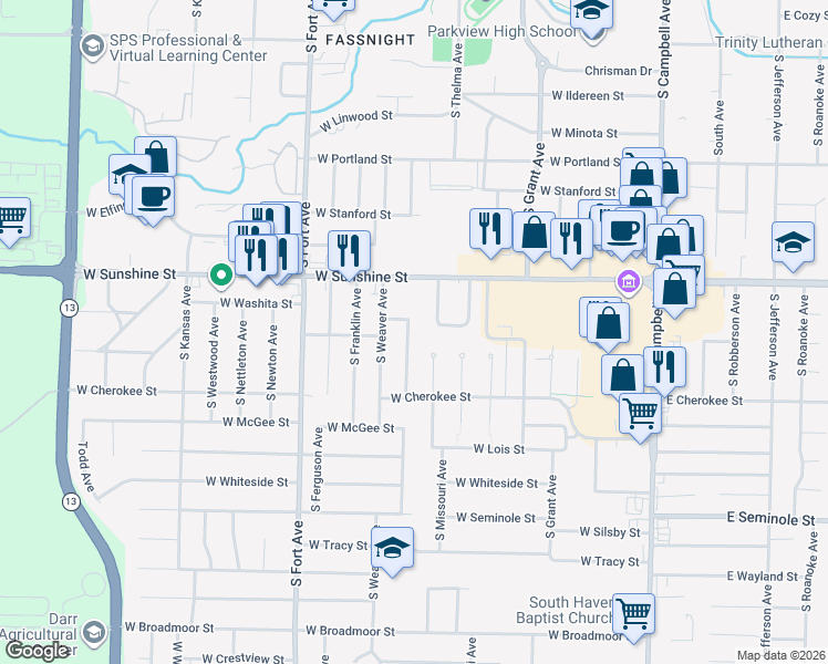 map of restaurants, bars, coffee shops, grocery stores, and more near 1856 South Broadway Avenue in Springfield