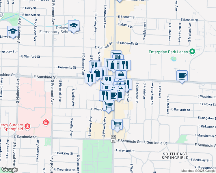 map of restaurants, bars, coffee shops, grocery stores, and more near 1828 S Kentwood Ave in Springfield