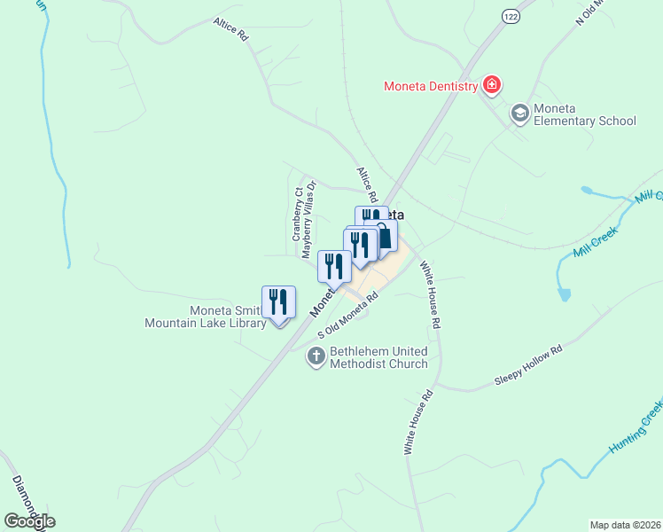map of restaurants, bars, coffee shops, grocery stores, and more near 13415-13659 Moneta Road in Bedford