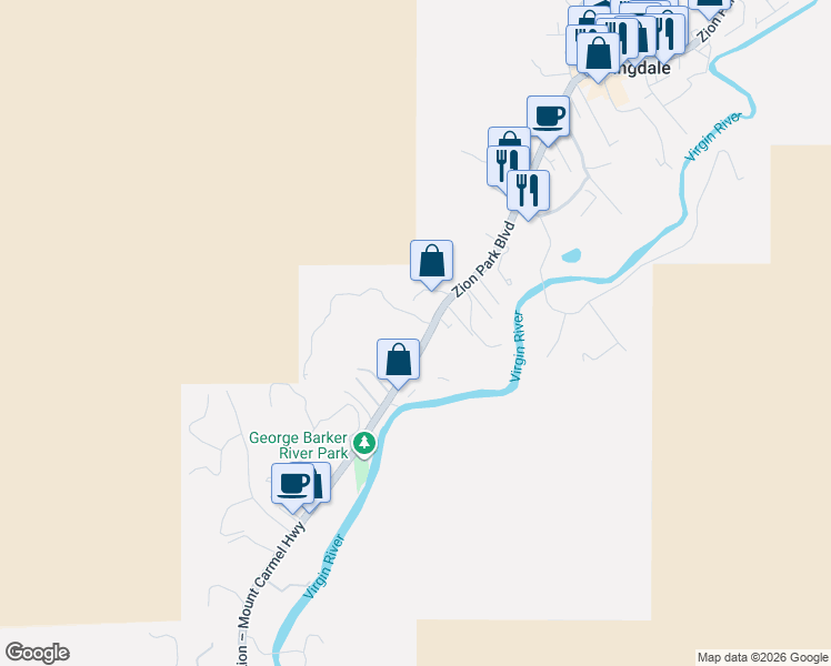 map of restaurants, bars, coffee shops, grocery stores, and more near Claret Cup Lane in ZION NATIONAL PARK