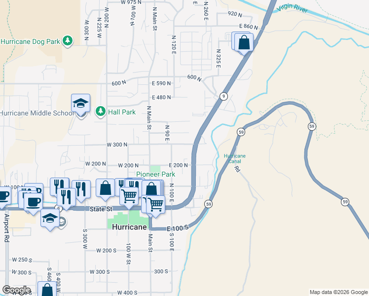 map of restaurants, bars, coffee shops, grocery stores, and more near 166 East 300 North in Hurricane