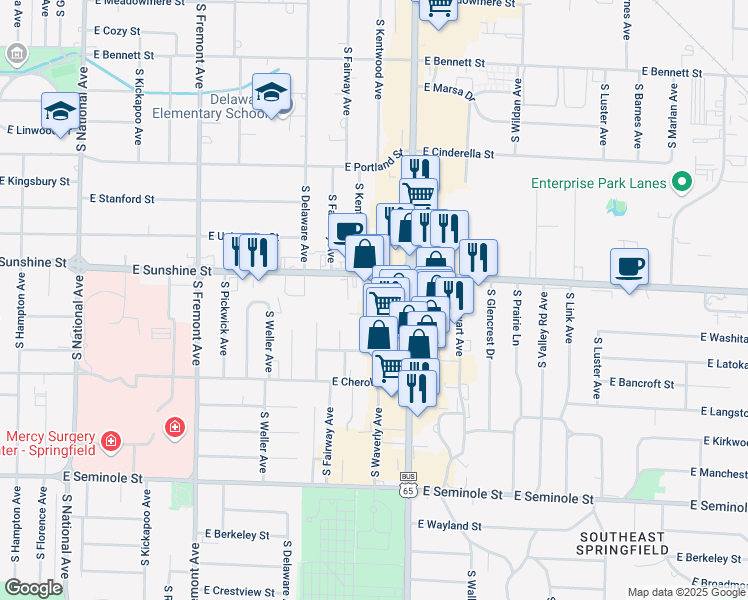 map of restaurants, bars, coffee shops, grocery stores, and more near 1828 South Kentwood Avenue in Springfield