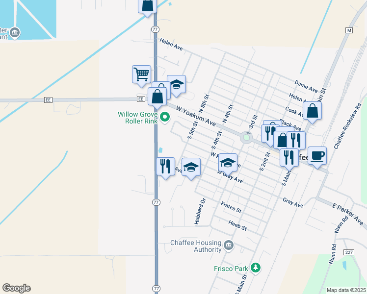 map of restaurants, bars, coffee shops, grocery stores, and more near 309 South 5th Street in Chaffee