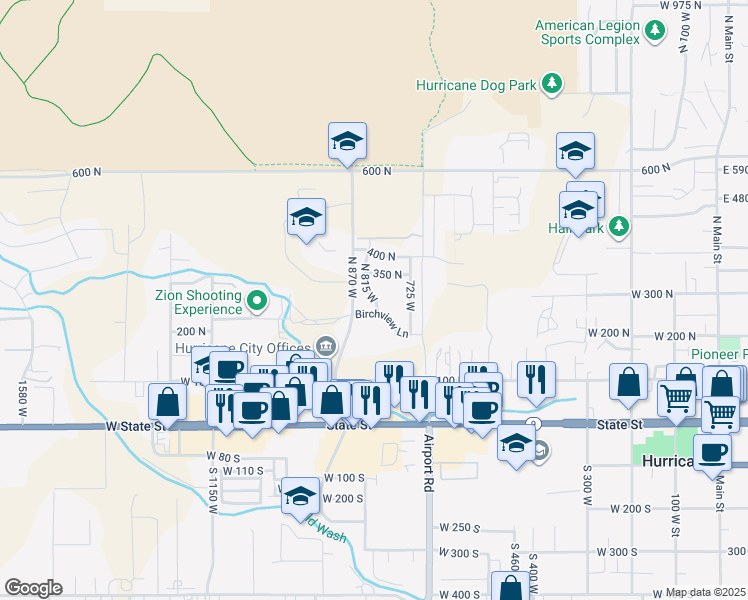 map of restaurants, bars, coffee shops, grocery stores, and more near 274 North 815 West in Hurricane