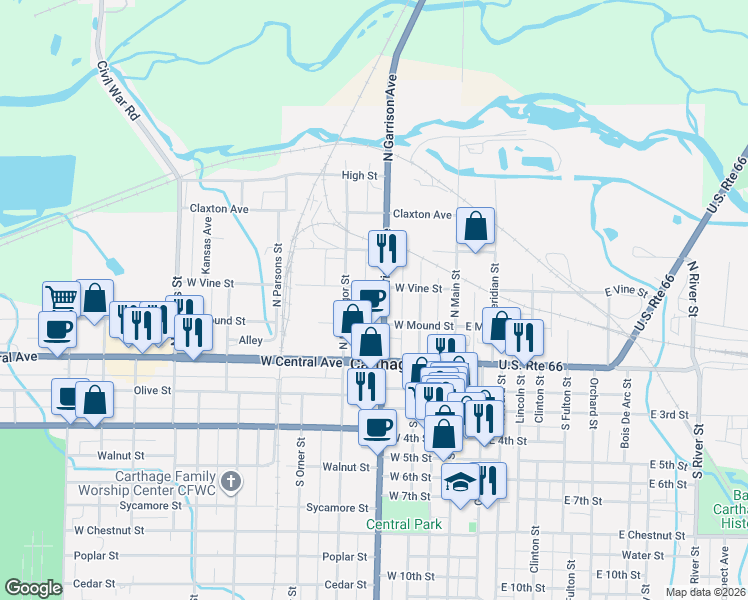 map of restaurants, bars, coffee shops, grocery stores, and more near 215 North Garrison Avenue in Carthage