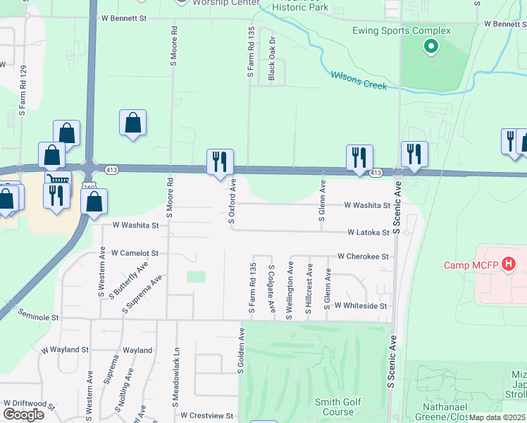 map of restaurants, bars, coffee shops, grocery stores, and more near 3030 West Washita Street in Springfield