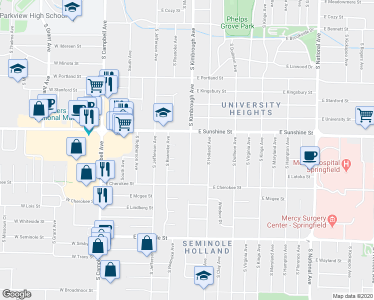 map of restaurants, bars, coffee shops, grocery stores, and more near 1843 South Kimbrough Avenue in Springfield