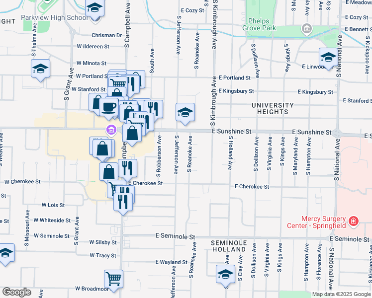 map of restaurants, bars, coffee shops, grocery stores, and more near 1901 South Roanoke Avenue in Springfield