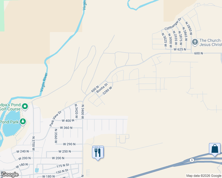 map of restaurants, bars, coffee shops, grocery stores, and more near 3299 West Palomar in Hurricane