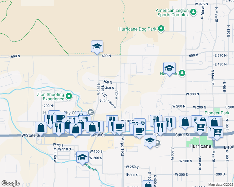 map of restaurants, bars, coffee shops, grocery stores, and more near 725 West in Hurricane