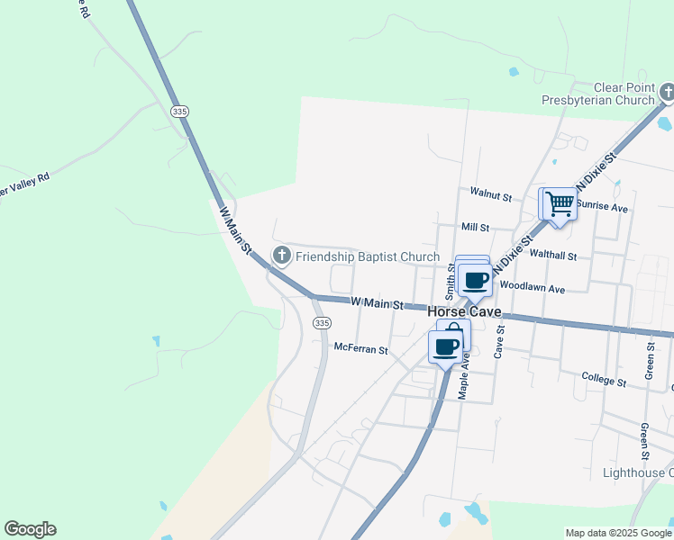 map of restaurants, bars, coffee shops, grocery stores, and more near 300 West Main Street in Horse Cave