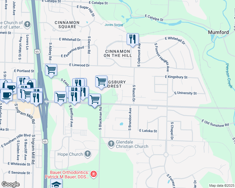 map of restaurants, bars, coffee shops, grocery stores, and more near 3827-3977 East Sunshine Street in Springfield