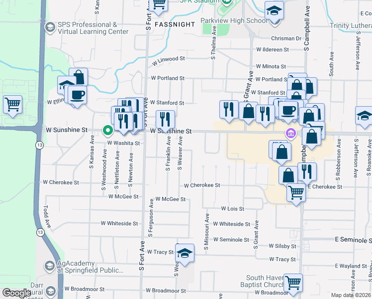 map of restaurants, bars, coffee shops, grocery stores, and more near 1902 South Broadway Avenue in Springfield