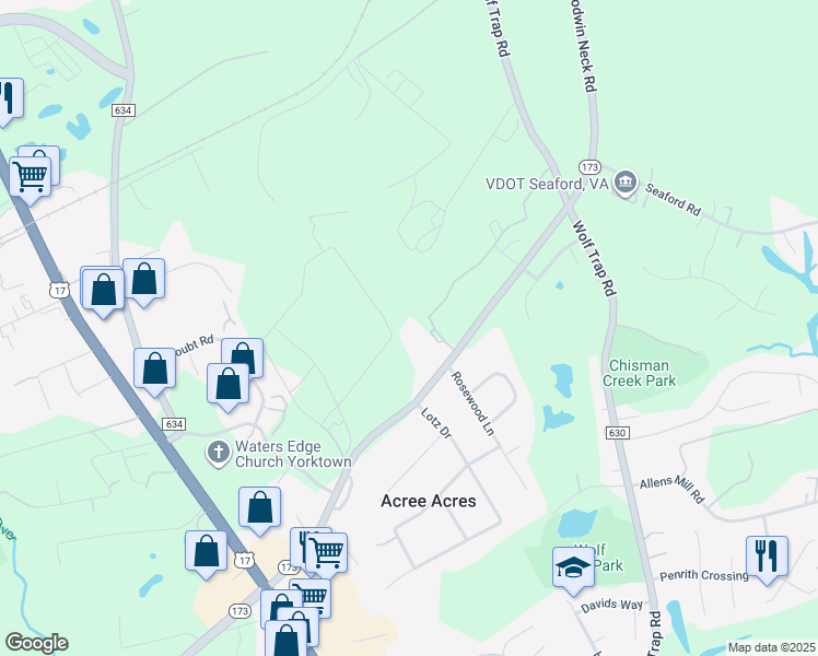 map of restaurants, bars, coffee shops, grocery stores, and more near 105 Service Drive in Yorktown