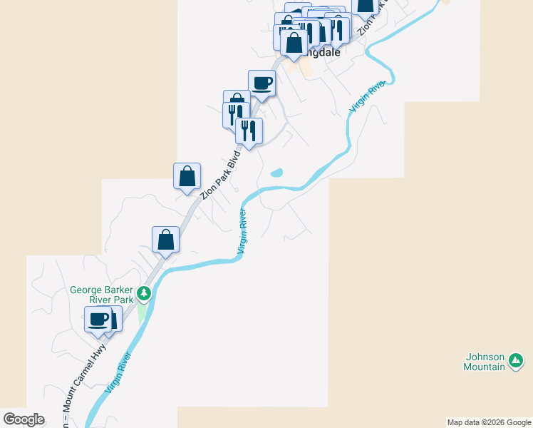map of restaurants, bars, coffee shops, grocery stores, and more near 105 River Bend Circle in Springdale