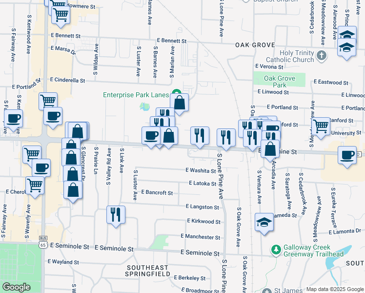 map of restaurants, bars, coffee shops, grocery stores, and more near 2349 East Sunshine Street in Springfield