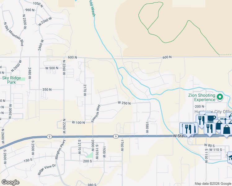 map of restaurants, bars, coffee shops, grocery stores, and more near 1818 West 300 North in Hurricane