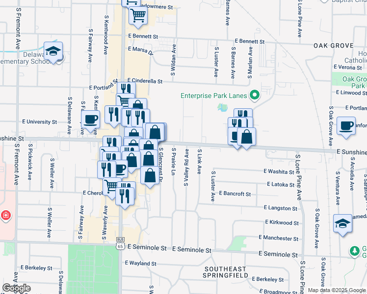 map of restaurants, bars, coffee shops, grocery stores, and more near 1824 South Valley Road Avenue in Springfield
