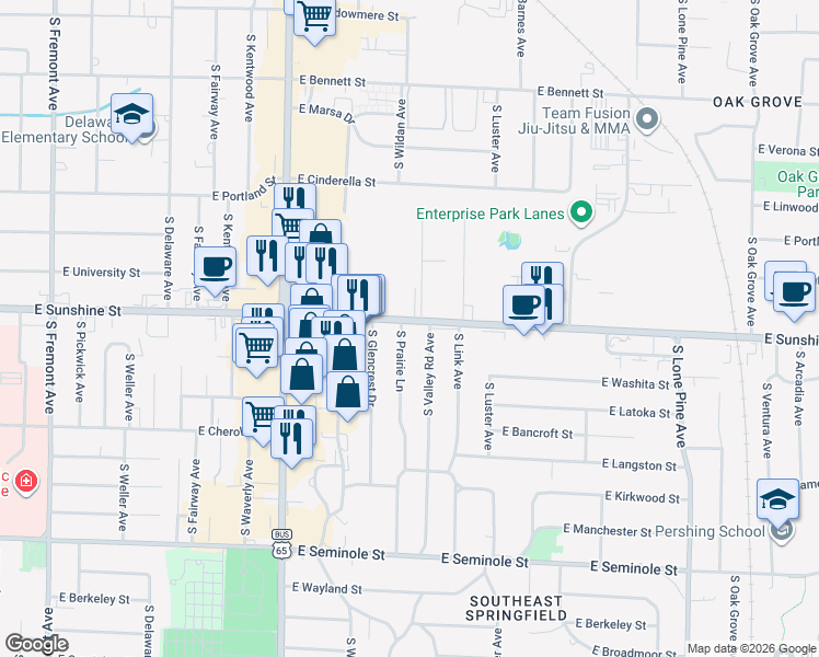 map of restaurants, bars, coffee shops, grocery stores, and more near 1835 South Prairie Lane in Springfield