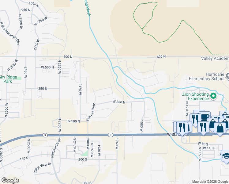 map of restaurants, bars, coffee shops, grocery stores, and more near 306 North Rhyolite Drive in Hurricane