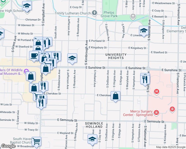 map of restaurants, bars, coffee shops, grocery stores, and more near 1857 South Holland Avenue in Springfield