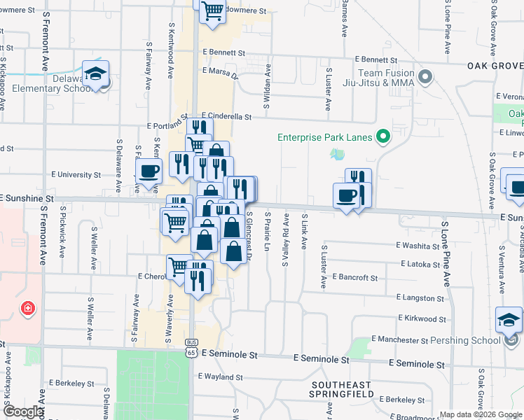 map of restaurants, bars, coffee shops, grocery stores, and more near 1805 South Prairie Lane in Springfield