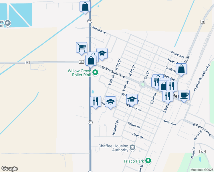 map of restaurants, bars, coffee shops, grocery stores, and more near 309 South 5th Street in Chaffee
