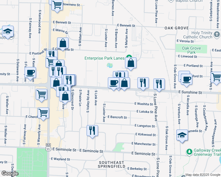 map of restaurants, bars, coffee shops, grocery stores, and more near E Sunshine St & S Luster Ave in Springfield