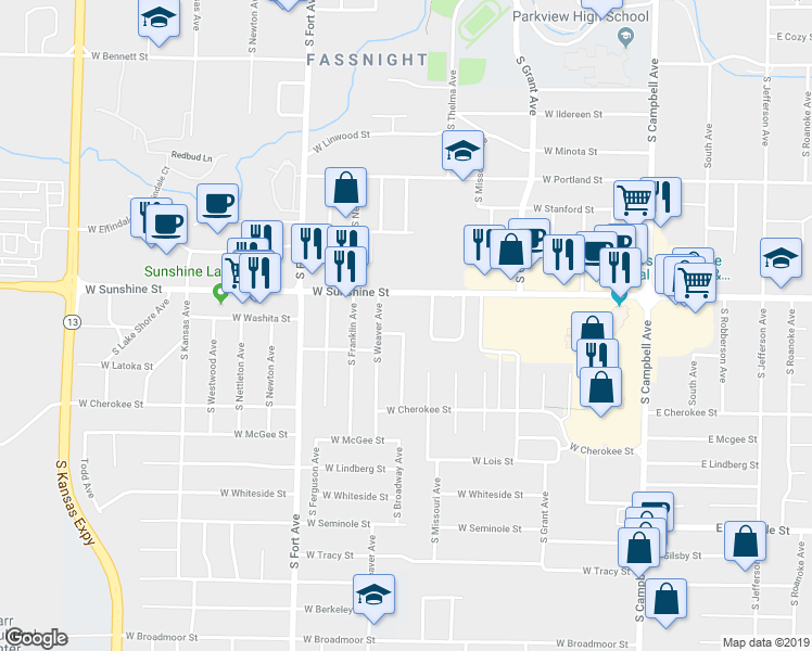 map of restaurants, bars, coffee shops, grocery stores, and more near 1000 West Sunshine Street in Springfield