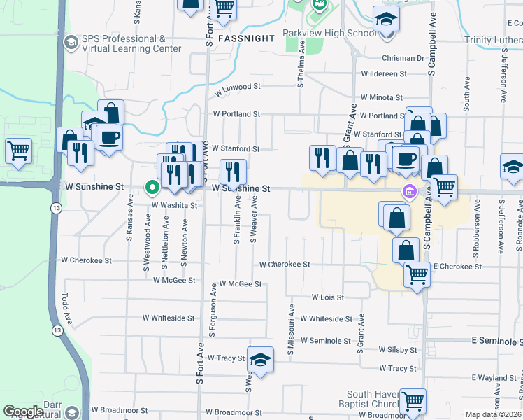 map of restaurants, bars, coffee shops, grocery stores, and more near 1046 West Sunshine Street in Springfield