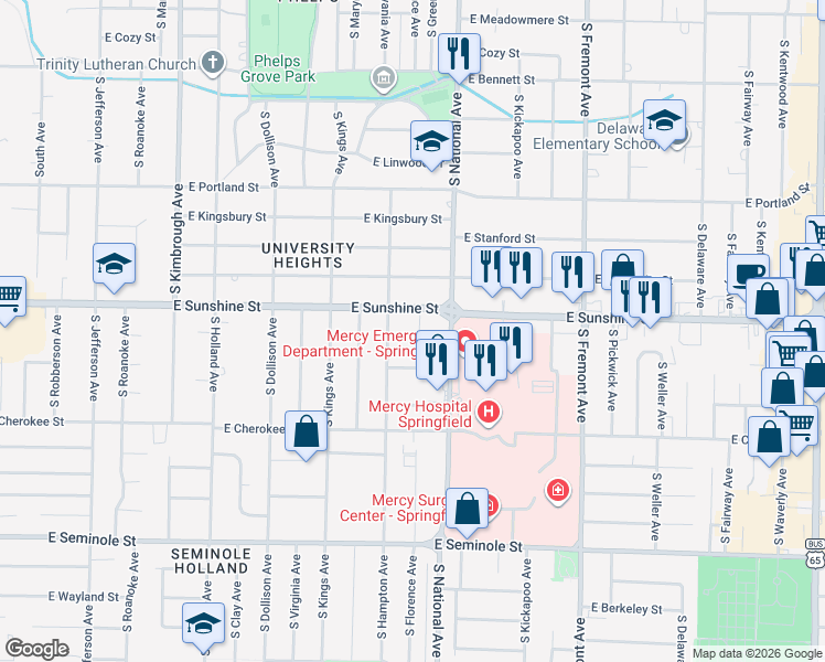 map of restaurants, bars, coffee shops, grocery stores, and more near 1136 East Sunshine Street in Springfield