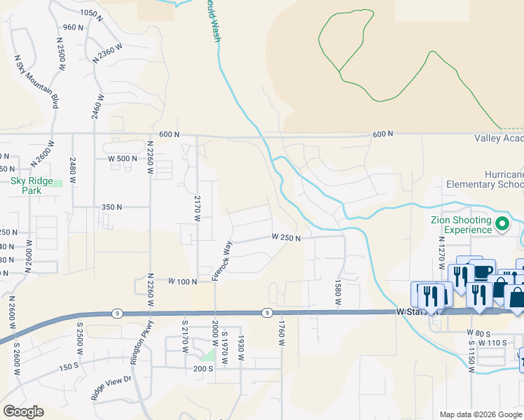 map of restaurants, bars, coffee shops, grocery stores, and more near 1819 West 350 North in Hurricane
