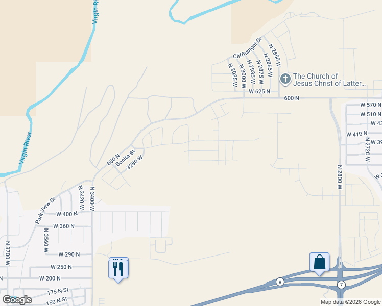 map of restaurants, bars, coffee shops, grocery stores, and more near 3115 West 520 North in Hurricane
