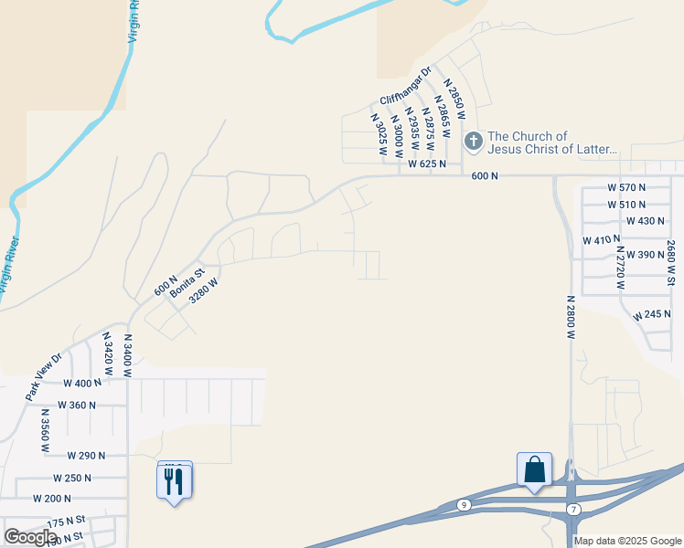 map of restaurants, bars, coffee shops, grocery stores, and more near North 520 West in Hurricane
