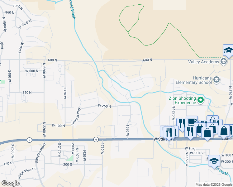 map of restaurants, bars, coffee shops, grocery stores, and more near 389 North 1580 West in Hurricane