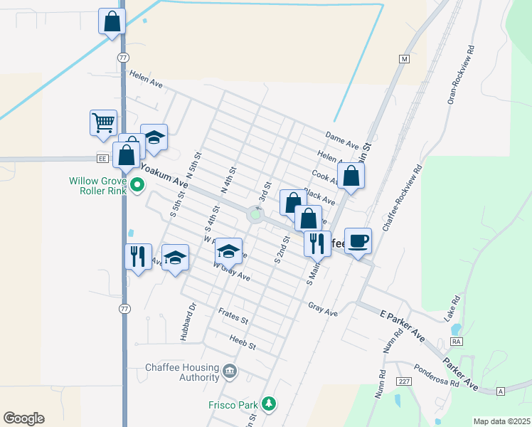 map of restaurants, bars, coffee shops, grocery stores, and more near 109 South 3rd Street in Chaffee
