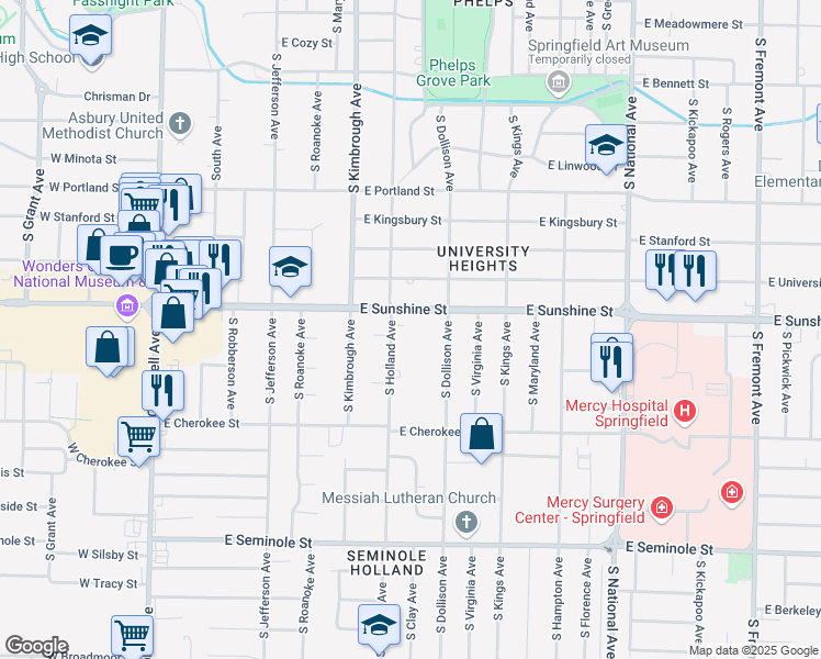 map of restaurants, bars, coffee shops, grocery stores, and more near 712 East Sunshine Street in Springfield