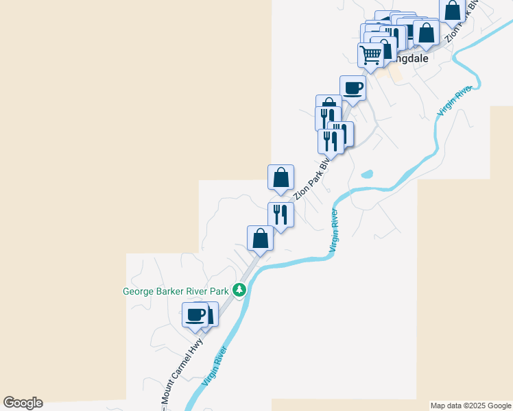 map of restaurants, bars, coffee shops, grocery stores, and more near Claret Cup Lane in ZION NATIONAL PARK