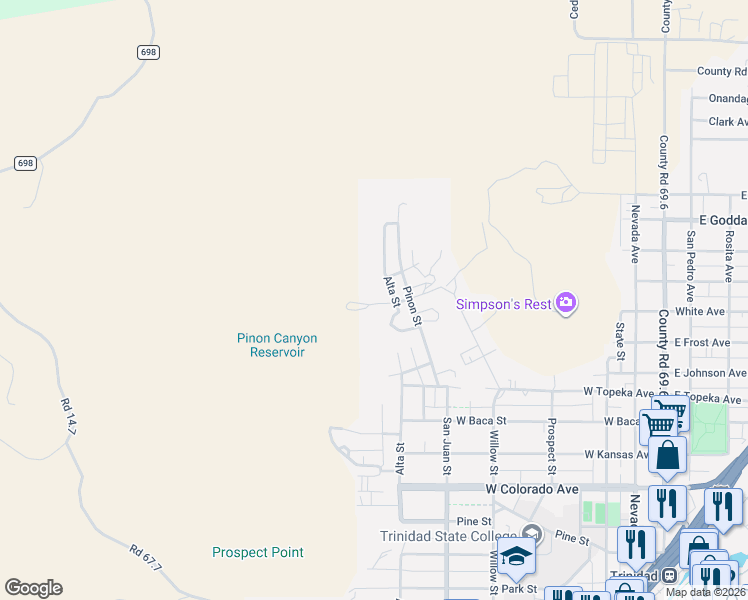 map of restaurants, bars, coffee shops, grocery stores, and more near 1919 Pinon Street in Trinidad