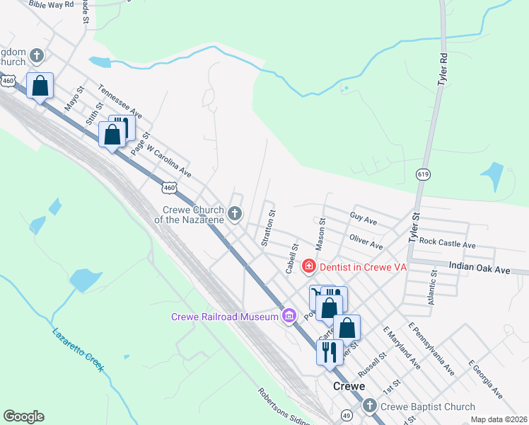 map of restaurants, bars, coffee shops, grocery stores, and more near 212 Lipscomb Street in Crewe