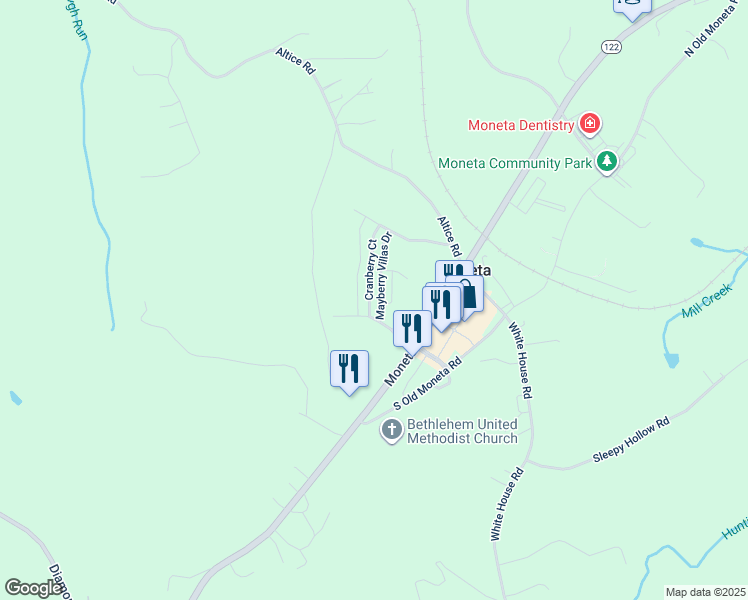 map of restaurants, bars, coffee shops, grocery stores, and more near 1039 Cranberry Court in Moneta