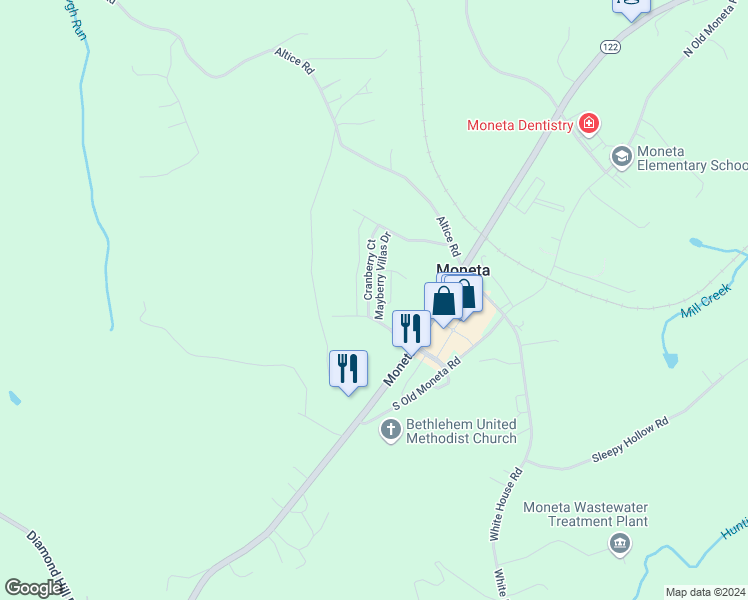 map of restaurants, bars, coffee shops, grocery stores, and more near 1039 Cranberry Court in Moneta