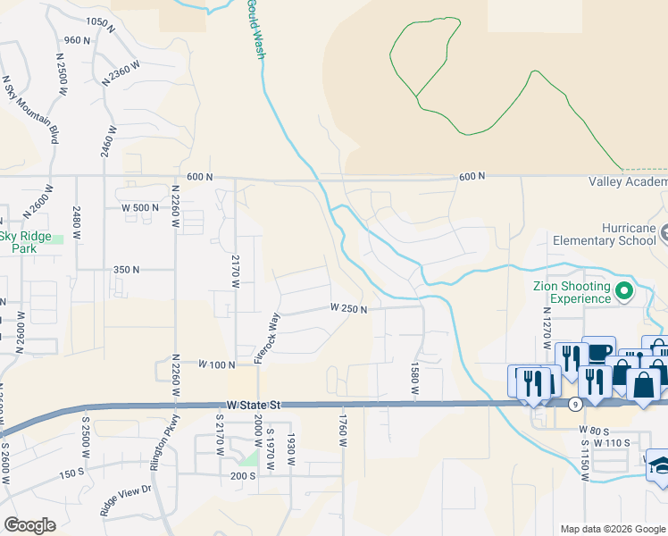 map of restaurants, bars, coffee shops, grocery stores, and more near 342 North Rhyolite Drive in Hurricane