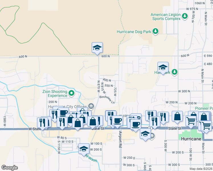 map of restaurants, bars, coffee shops, grocery stores, and more near 785 350 North in Hurricane