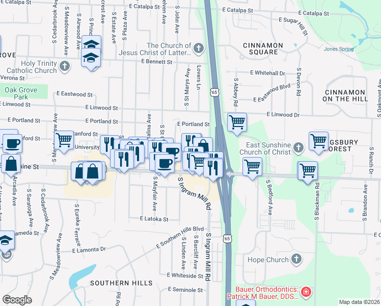 map of restaurants, bars, coffee shops, grocery stores, and more near 1646 South Deeswood Avenue in Springfield