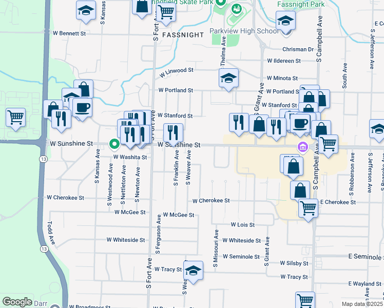 map of restaurants, bars, coffee shops, grocery stores, and more near 1046 West Sunshine Street in Springfield