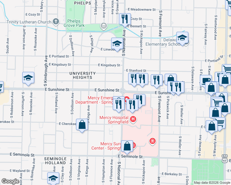 map of restaurants, bars, coffee shops, grocery stores, and more near 1136 East Sunshine Street in Springfield