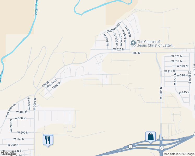 map of restaurants, bars, coffee shops, grocery stores, and more near 3086 West 520 North in Hurricane